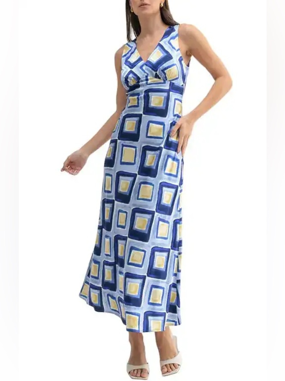 Mila Mae Abstract Satin Midi Dress. Blue and Yellow. Size: Large.